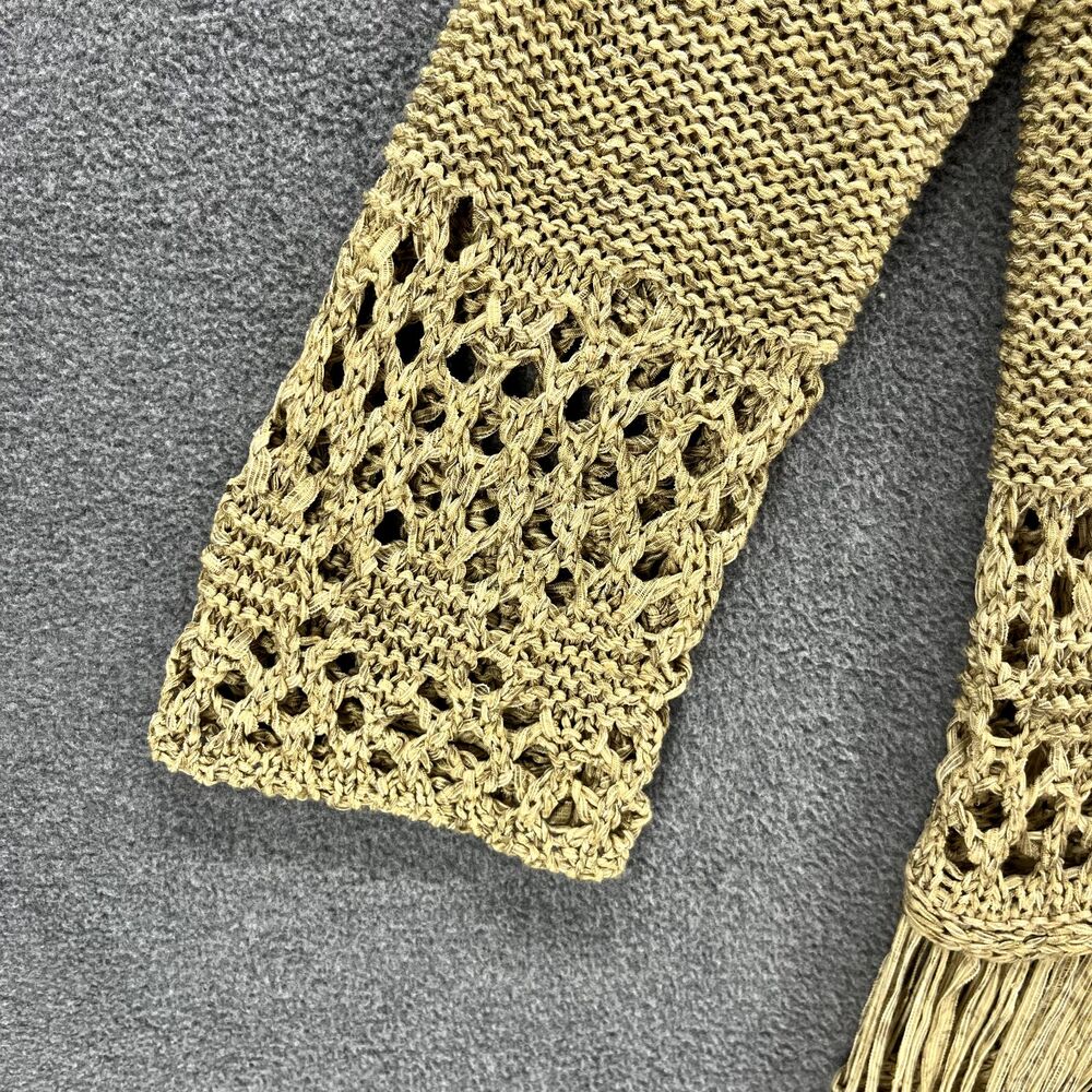 Zara Knit Cardigan Medium Tan Open Crochet Fringe Tassels Taupe raglan sleeve - Picture 5 of 16